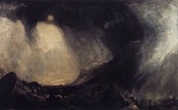 In iSneeuwstorm: Hannibal and his Army Crossing the Alps (1812)/i geeft J.M.W. Turner uitdrukking aan de kwetsbaarheid van de mens tegenover de overweldigende kracht van de natuur.'s vulnerability in the face of nature's overwhelming force.