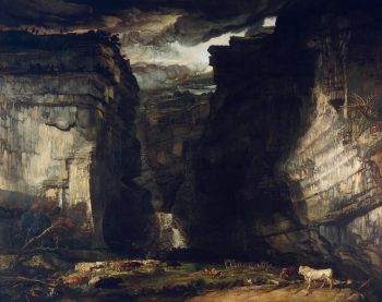 iGordale Scar/i (1812-14) van James Ward laat dramatische kliffen en een stormachtige hemel zien.